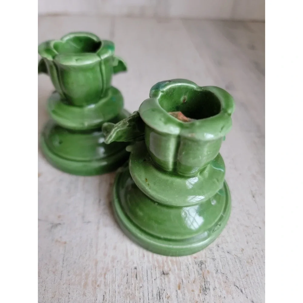 Ceramic mistletoe Holly candle stick green ceramic Xmas set home decor